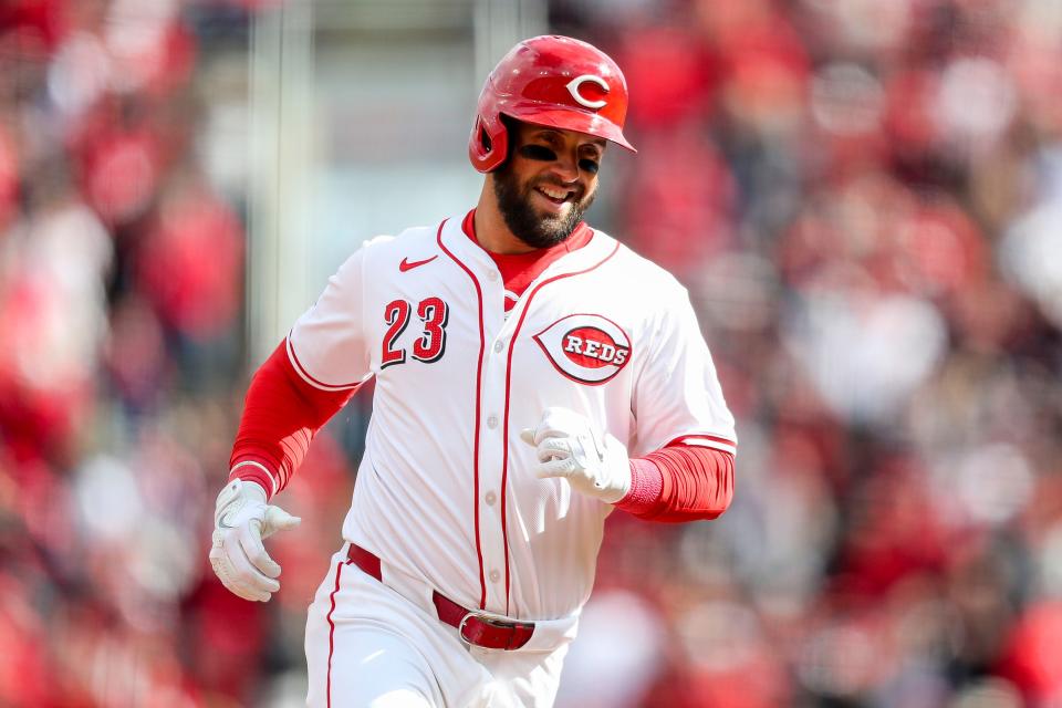 Reds designated hitter Nick Martini went 2-for-4 on opening day against the Nationals with a pair of home runs and five RBI.