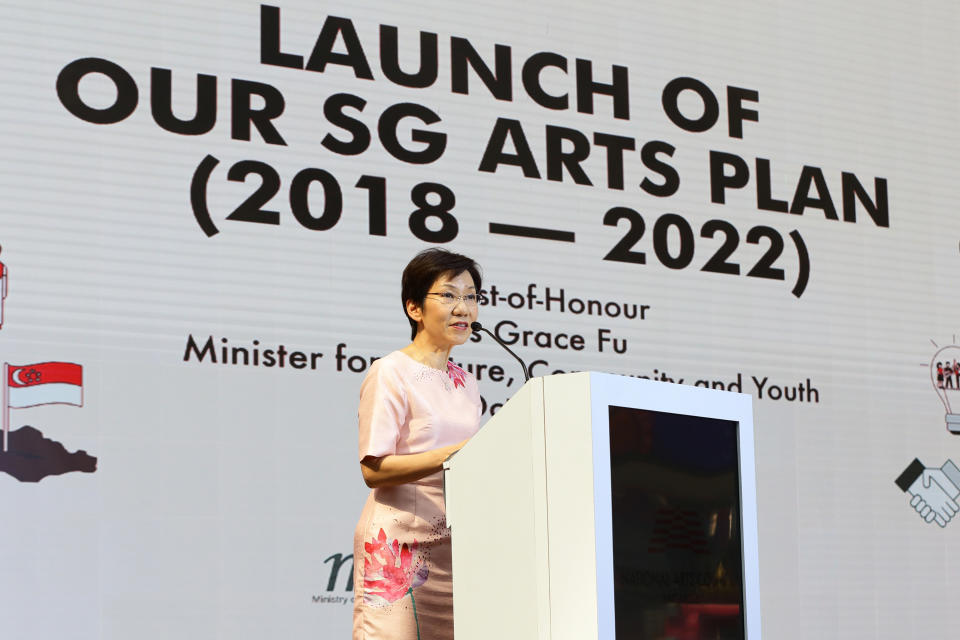 Guest-of-honour and Minister for Culture, Community and Youth Grace Fu delivering the opening address at the launch of Our SG Arts Plan held at Our Tampines Hub on 19 October, 2018. (PHOTO: NAC)