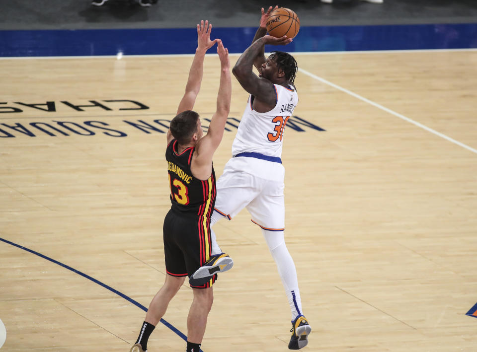 New York Knicks forward Julius Randle (30) against the Atlanta Hawks in overtime of an NBA basketball game Wednesday, April 21, 2021, in New York. (Wendell Cruz/Pool Photo via AP)