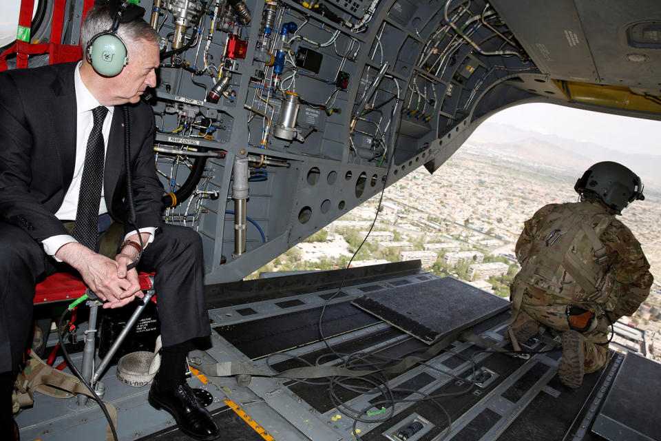 <p>U.S. Defense Secretary James Mattis looks out over Kabul as he arrives via helicopter at Resolute Support headquarters in Kabul, Afghanistan April 24, 2017. (Jonathan Ernst/Reuters) </p>