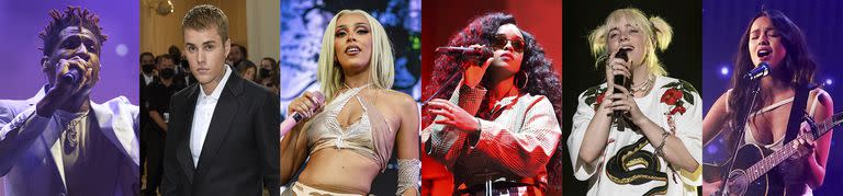 En esta combinación de fotos, los máximos nominados a la próxima ceremonia anual de los premios Grammy. De izquierda a derecha: Jon Baptiste, con 11 nominaciones; Justin Bieber, Doja Cat y H.E.R, con ocho cada uno, y Billie Eilish y Olivia Rodrigo, con siete.