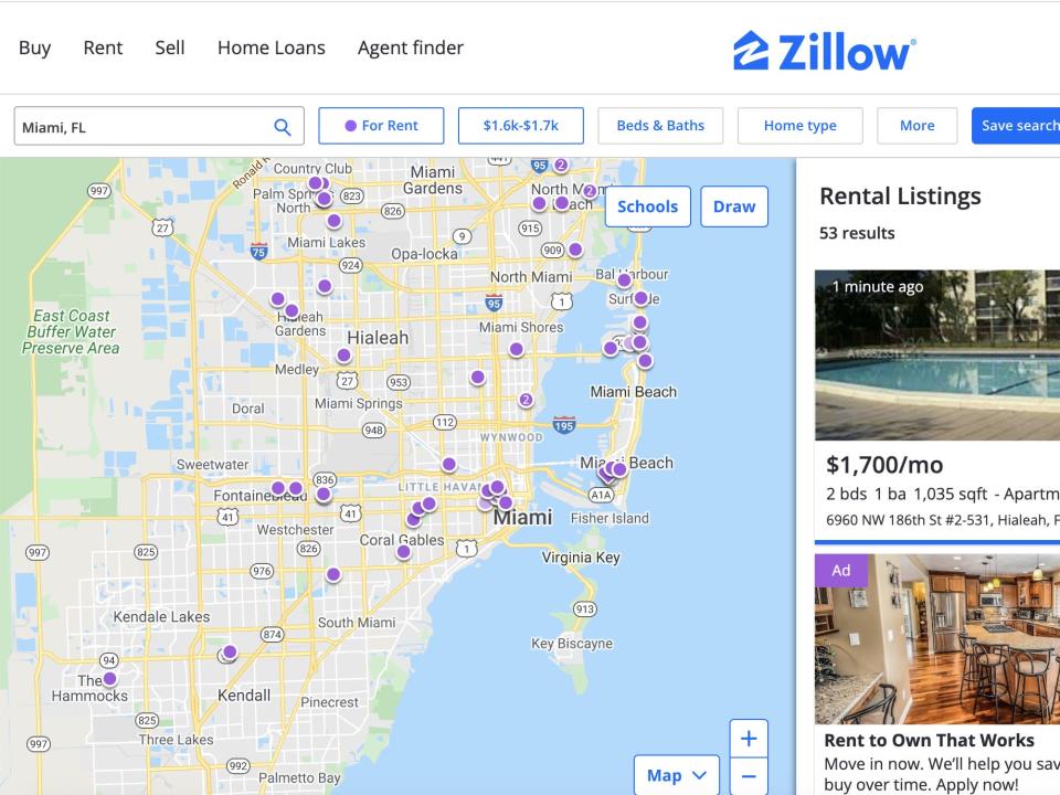 A screenshot of Miami apartments the author found on Zillow.