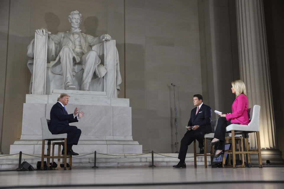 WASHINGTON, DC - MAY 03: President Donald Trump speaks with news anchors Bret Baier and Martha MacCallum during a Virtual Town Hall inside of the Lincoln Memorial on May 3, 2020 in Washington, DC. (Photo by Oliver Contreras-Pool/Getty Images)