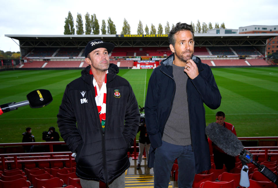 Wrexham co-chairmen Rob McElhenney and Ryan Reynolds during a press conference at the Racecourse Ground, Wrexham. Picture date: Thursday October 28, 2021. (Photo by Peter Byrne/PA Images via Getty Images)