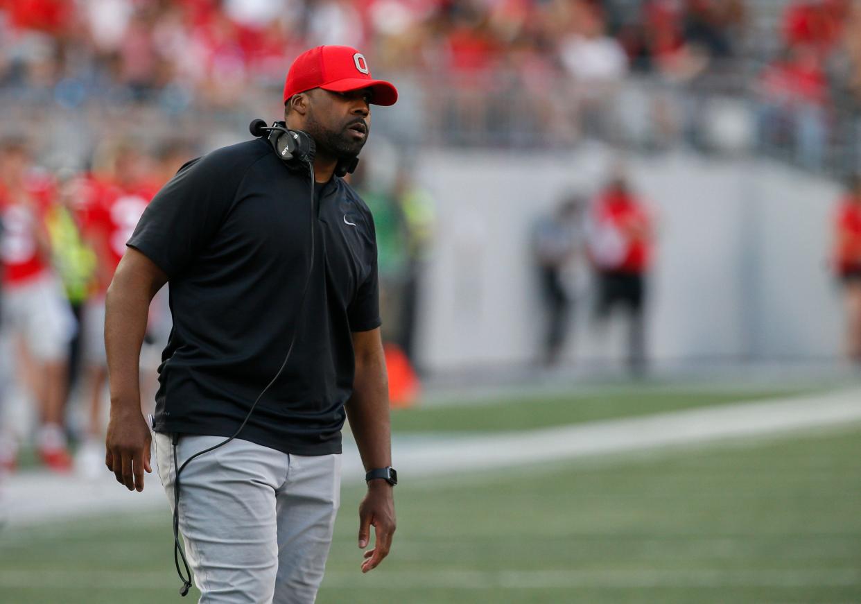 Ohio State Buckeyes linebackers coach Al Washington reacts after the defense gave up a touchdown during the fourth quarter of a NCAA Division I football game between the Ohio State Buckeyes and the Tulsa Golden Hurricane on Saturday, Sept. 18, 2021 at Ohio Stadium in Columbus, Ohio.
