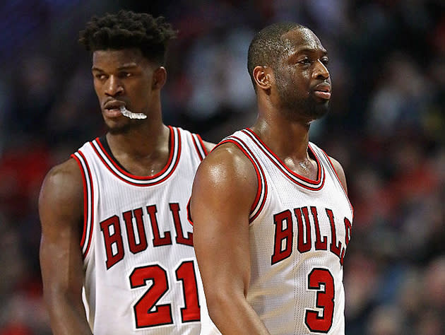 Jimmy Butler and Dwyane Wade separate themselves. (Getty Images)