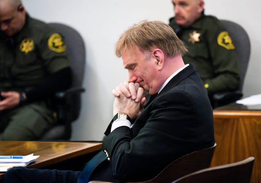 SANTA ANA, CA - November 28: Eric Scott Sills reacts during opening statements in Orange County Superior Court in Santa Ana, CA on Tuesday, November 28, 2023. Sills is on trial for the death of his wife, Susann Sills. (Photo by Paul Bersebach/MediaNews Group/Orange County Register via Getty Images)
