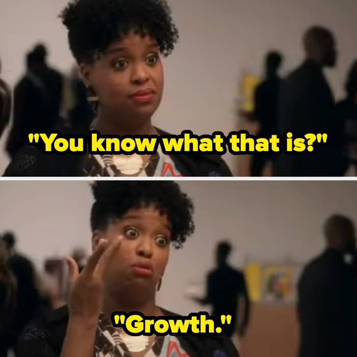 Woman gesturing with fingers apart, text quotes "You know what that is?" and "Growth."