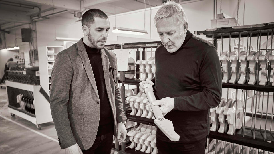 Simon Godin and Alex Lifeson check out the Limelight necks