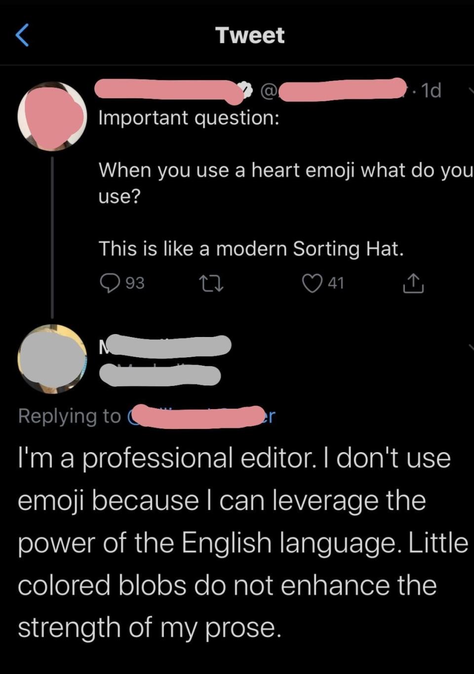 Tweet with a question about heart emoji use, and a reply stating preference for English language over emoji due to prose clarity