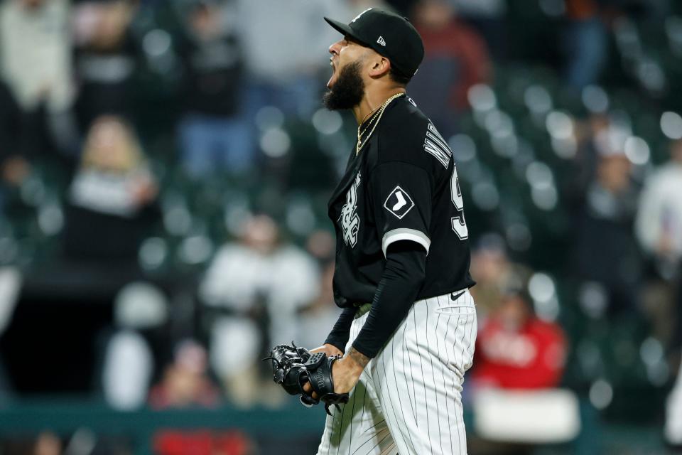 White Sox relief pitcher Keynan Middleton celebrates after beating the Twins at Guaranteed Rate Field.