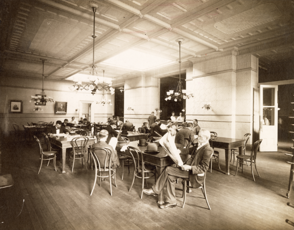 The reading room at the old City Hall, seen circa the 1870s where the Ohio Theatre stands today, was a precursor to Columbus' modern libraries. Columbus Metropolitan Library is kicking off its 150th year with family events, including food and entertainment at its branches on Saturday.