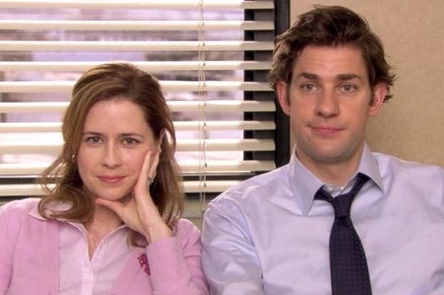 Jim Halpert and Pam Beesly from 'The Office' sit side by side, smiling faintly in an office setting