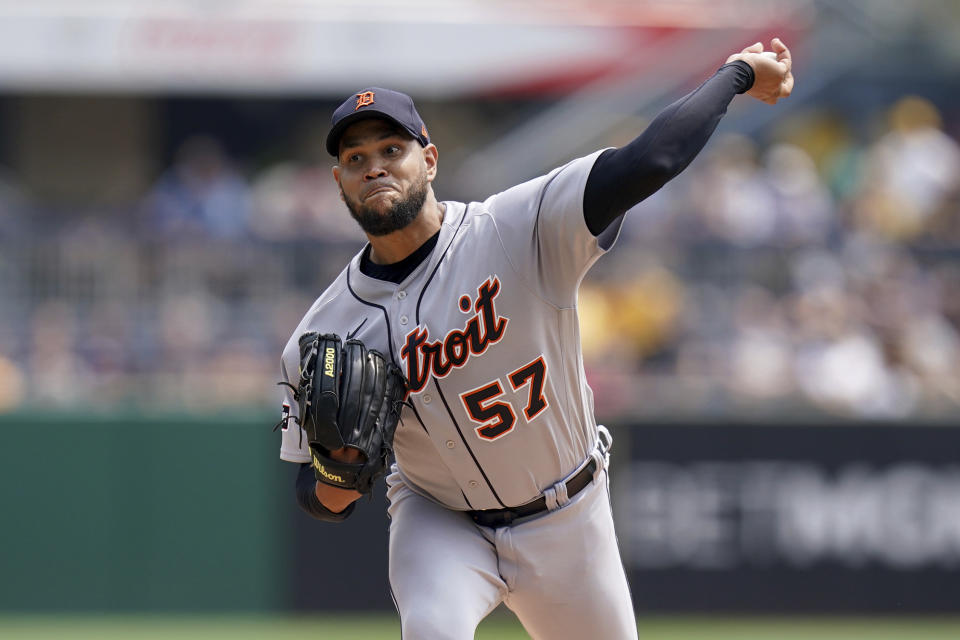 Detroit Tigers starting pitcher Eduardo Rodríguez delivers against the Pittsburgh Pirates in the first inning of a baseball game in Pittsburgh, Wednesday, Aug. 2, 2023. (AP Photo/Matt Freed)