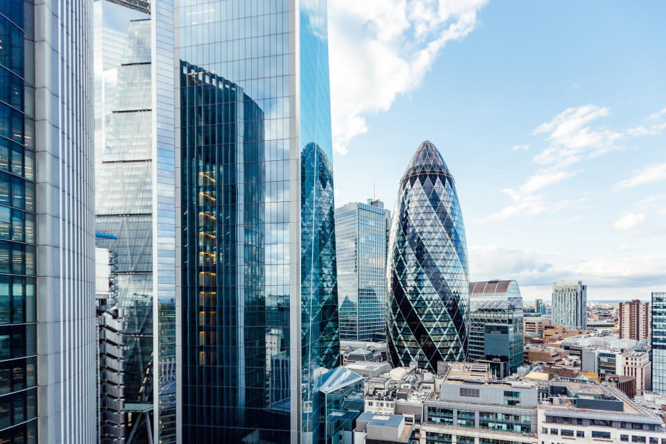 Aerial view of skyscrapers in City of London, England, UK