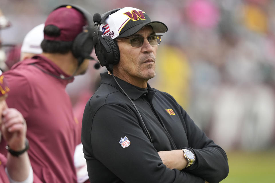 Washington Commanders head coach Ron Rivera watches from the sideline during the second half of an NFL football game against the Miami Dolphins Sunday, Dec. 3, 2023, in Landover, Md. (AP Photo/Mark Schiefelbein)