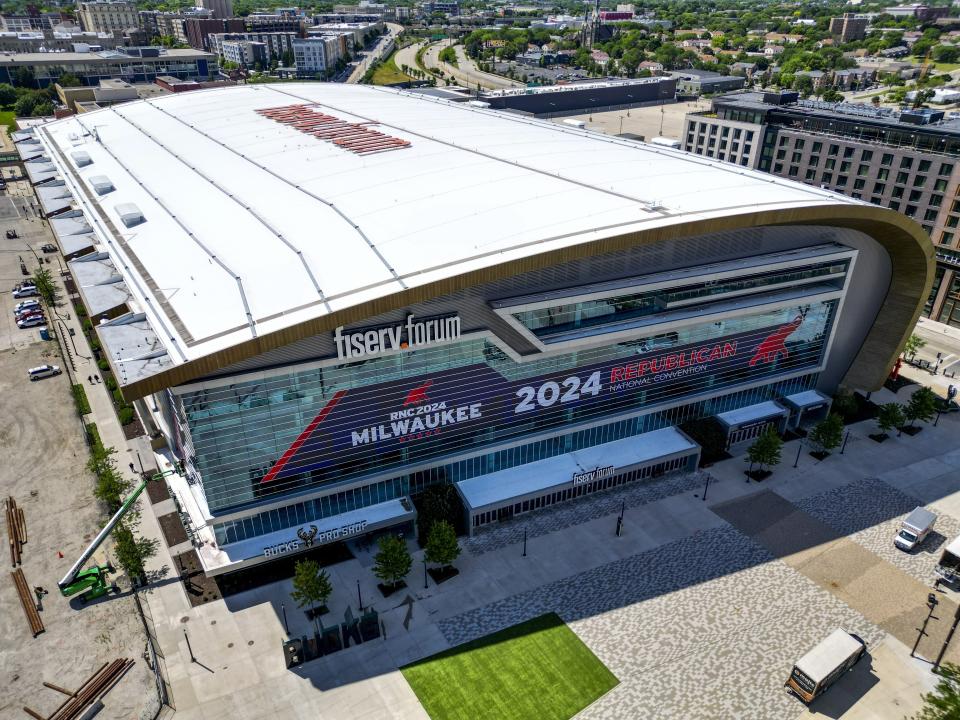 The Fiserv Forum stands, June 27, 2024, in Milwaukee. The Wisconsin city is scheduled to host the 2024 Republican National Convention. A federal judge ruled Monday, July 9, 2024 that protesters can't march through a security zone at the Republican National Convention, handing a defeat to liberals who had pushed to have closer access to where delegates will be gathering. (AP Photo/Morry Gash, file)