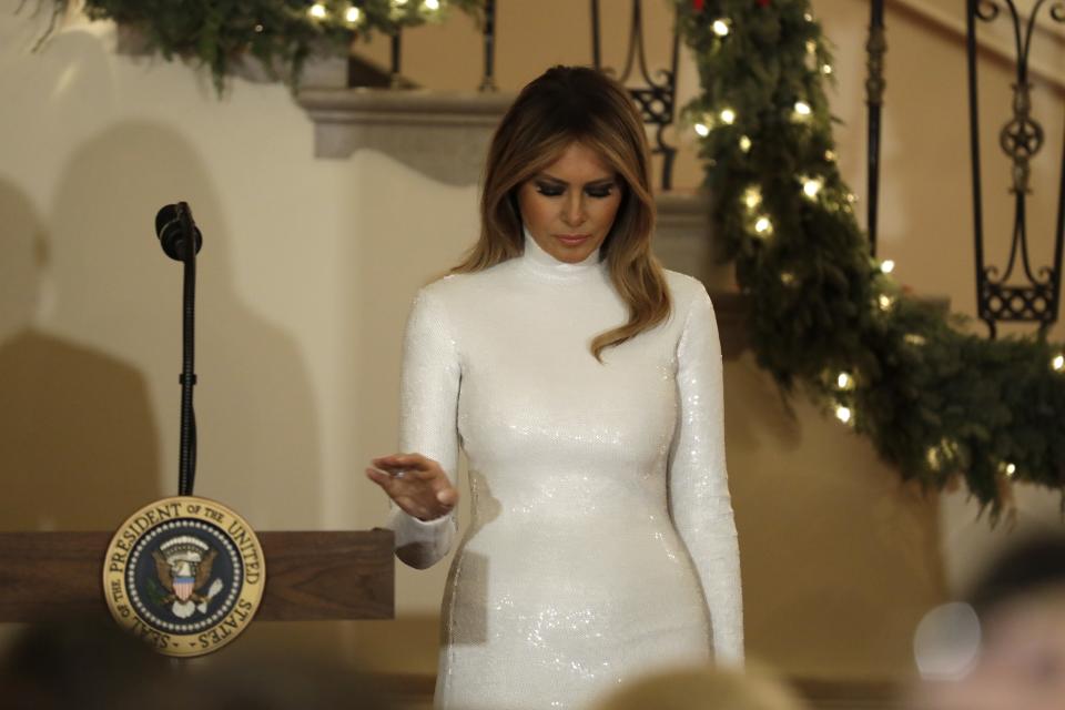 Melania Trump appeared at the annual Congressional Ball wearing a white sequined gown by Céline. The gown had first appeared on the brand's spring 2018 runway.