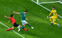 <p>Mario Gomez misses a chance to score for Germany </p>