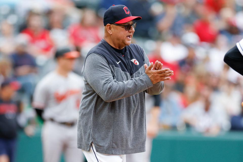 Cleveland Guardians manager Terry Francona walks to the mound to remove starting pitcher Triston McKenzie during the second inning of a baseball game against the Baltimore Orioles, Sunday, Sept. 24, 2023, in Cleveland. (AP Photo/Ron Schwane)