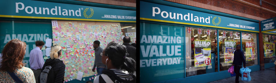 LONDON, ENGLAND - JULY 23: In this composite image (Left Photo) Shoppers look at notes posted on a 'Peace Wall' on a boarded up window of a discount store in Peckham on August 10, 2011 in London, England. (Right Photo) The repaired Poundland store, one year on from the riots minus the Peace Wall which has been moved to the local library. August 6th marks the one year anniversary of the England riots, over the course of four days several London boroughs, and districts of cities and towns around England suffered widespread rioting, looting and arson as thousands took to the streets. (Peter Macdiarmid/Getty Images)