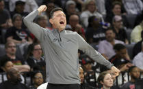 Phoenix Mercury head coach Nate Tibbetts calls out to players during the first half of an WNBA basketball game against the Las Vegas Aces Tuesday, May 21, 2024, in Las Vegas. (Steve Marcus/Las Vegas Sun via AP)