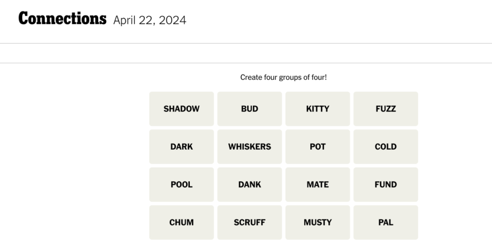 <em>Today's NYT Connections puzzle for Monday, April 22</em><em>, 2024</em><p>New York Times</p>