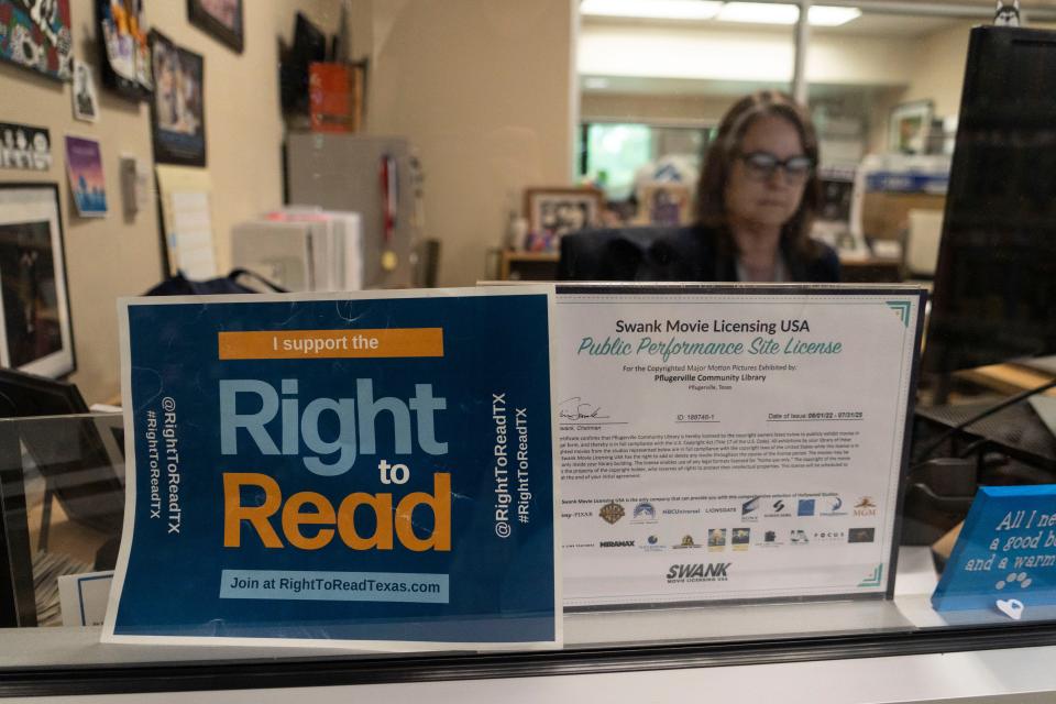 A “Right to Read” sign is taped to the window in library director Jennifer Griswold’s office at the Pflugerville Public Library on May 25.  The Right to Read is a group committed to the pursuit of equity through literature and literacy.
(Photo: Kara Hawley/AMERICAN-STATESMAN)