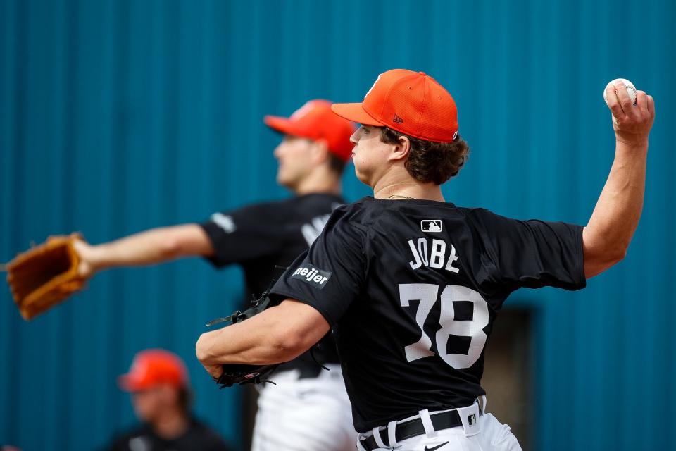 Detroit Tigers pitcher Jackson Jobe throws during spring training at TigerTown in Lakeland, Fla. on Friday, Feb. 16, 2024.