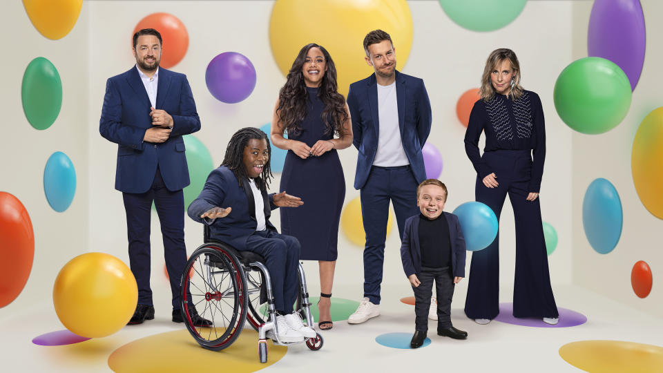 Children In Need Presenters 2023,17-11-2023,L to R: Jason Manford, Ade Adepitan, Alex Scott, Chris Ramsey, Lenny Rush and Mel Giedroyc