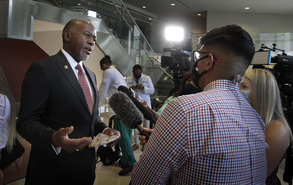 Meharry President Dr. James Hildreth talks with members of the media after announcing a historic $34-million gift to the College by former New York City Mayor Michael Bloomberg and Bloomberg Philanthropies in September 2020. (Lucius Patenaude/Meharry Medical College via AP)