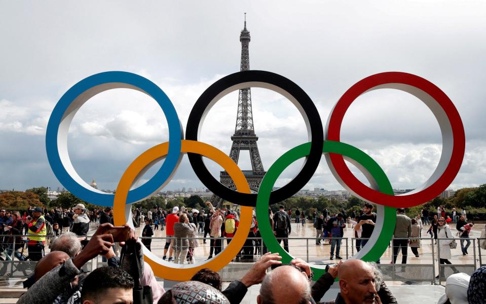 Olympic rings to celebrate the IOC official announcement that Paris won the 2024 Olympic bid are seen in front of the Eiffel Tower at the Trocadero square in Paris, France, September 16, 2017