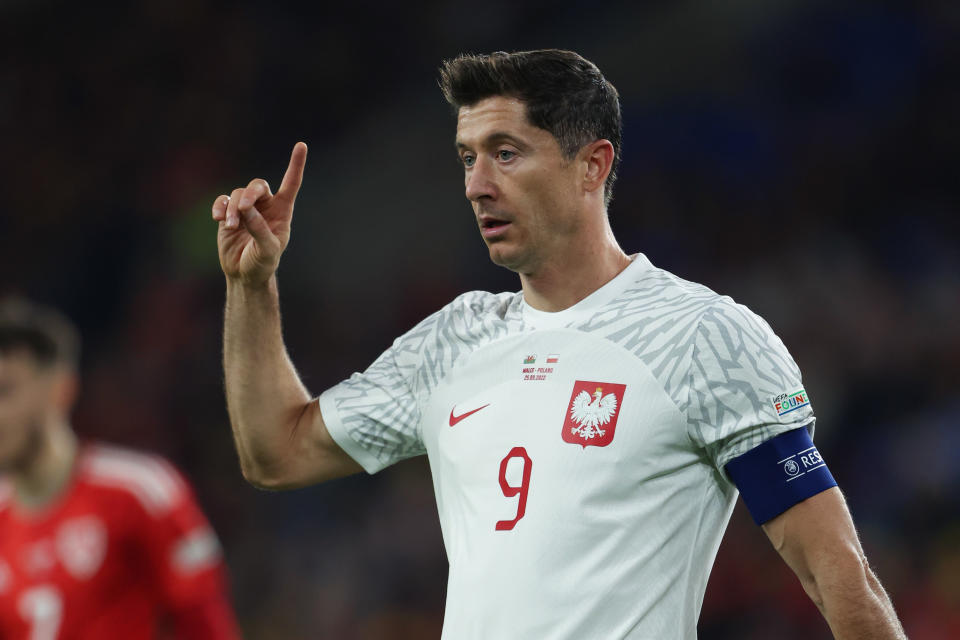 CARDIFF, WALES - SEPTEMBER 25: Robert Lewandowski of Poland during the UEFA Nations League League A Group 4 match between Wales and Poland at Cardiff City Stadium on September 25, 2022 in Cardiff, United Kingdom. (Photo by Matthew Ashton - AMA/Getty Images)