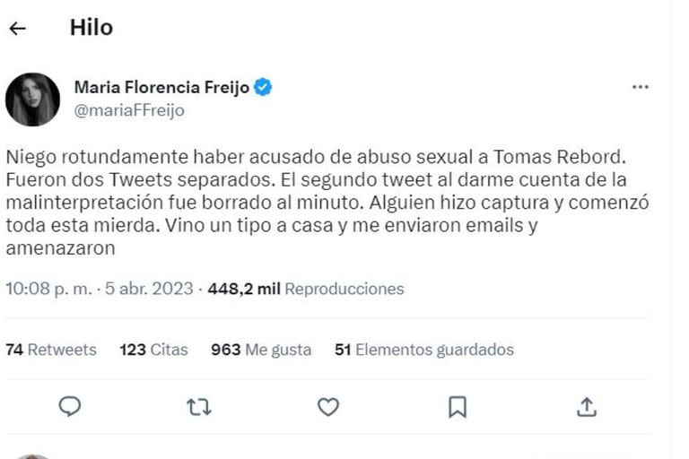 Florencia Freijo negó que haya acusado de abuso a Tomas Rebord pero continuó recibiendo amenazas