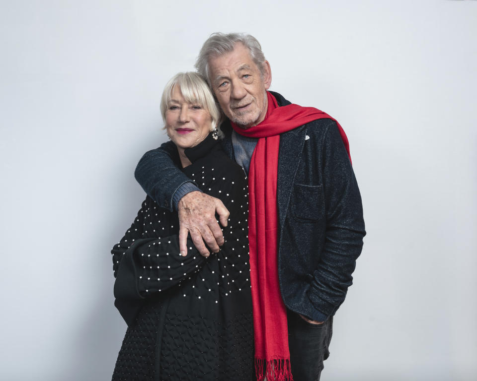 This Nov. 3, 2019 photo shows actors Helen Mirren, left, and Ian McKellan pose for a portrait to promote their film "The Good Liar" in New York. (Photo by Christopher Smith/Invision/AP)