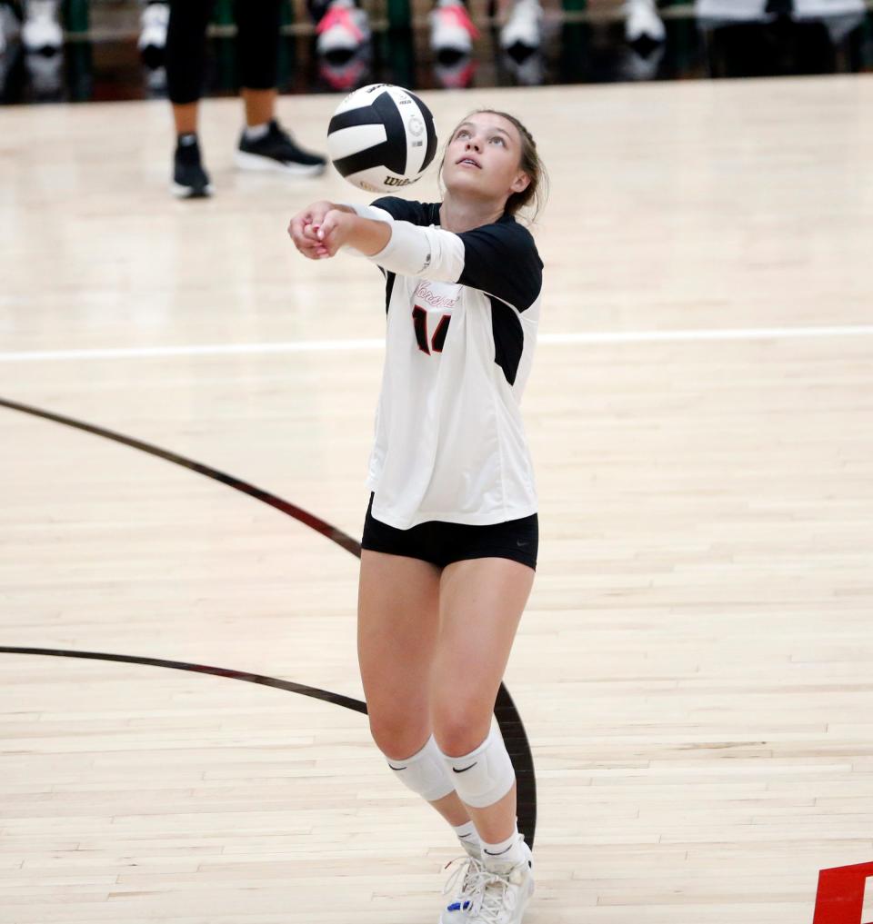 NorthWood junior Sophia Barber bumps the volleyball during a match against Tippecanoe Valley Wednesday, Sept. 6, 2023, at NorthWood High School in Nappanee.