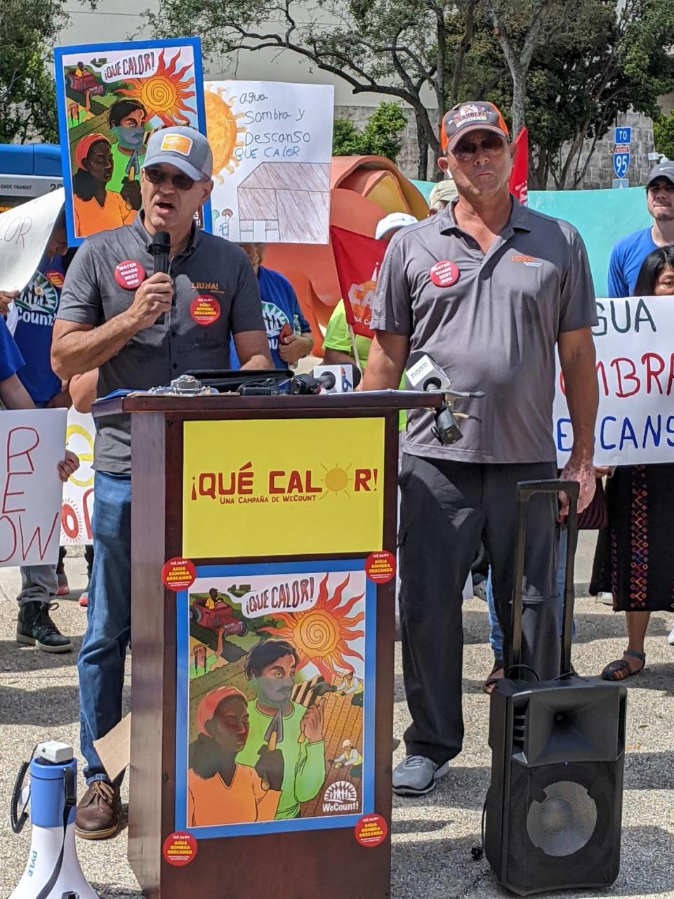 Richard Quincoces, an organizer for Laborers International Union of North America, which represents construction workers, speaks at a June 21, 2023 rally calling on Miami-Dade County to create heat protections for outdoor workers.