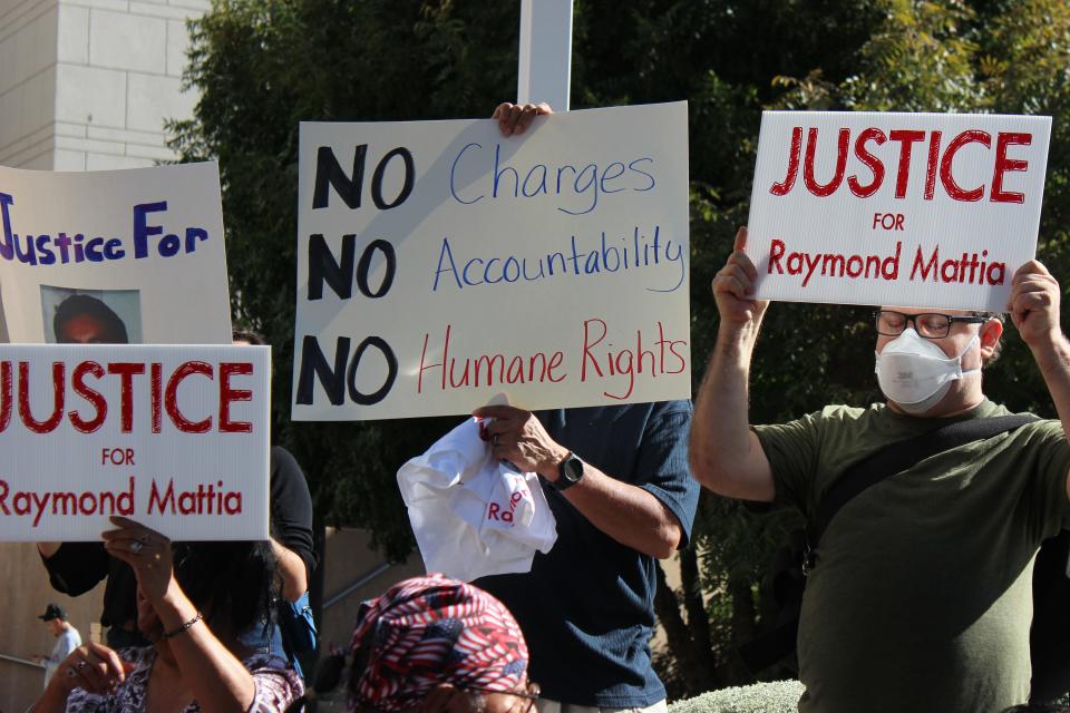 Family and friends of Raymond Mattia, the Tohono O'odham man who was shot and killed by Border Patrol agents, gather at a news conference outside of the Evo A. DeConcini Federal Courthouse in Tucson on Nov. 17, 2023.