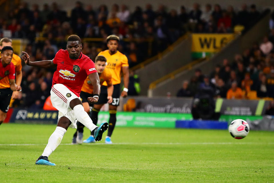 Paul Pogba's penalty for Manchester United is saved. (Photo by Chris Brunskill/Fantasista/Getty Images)