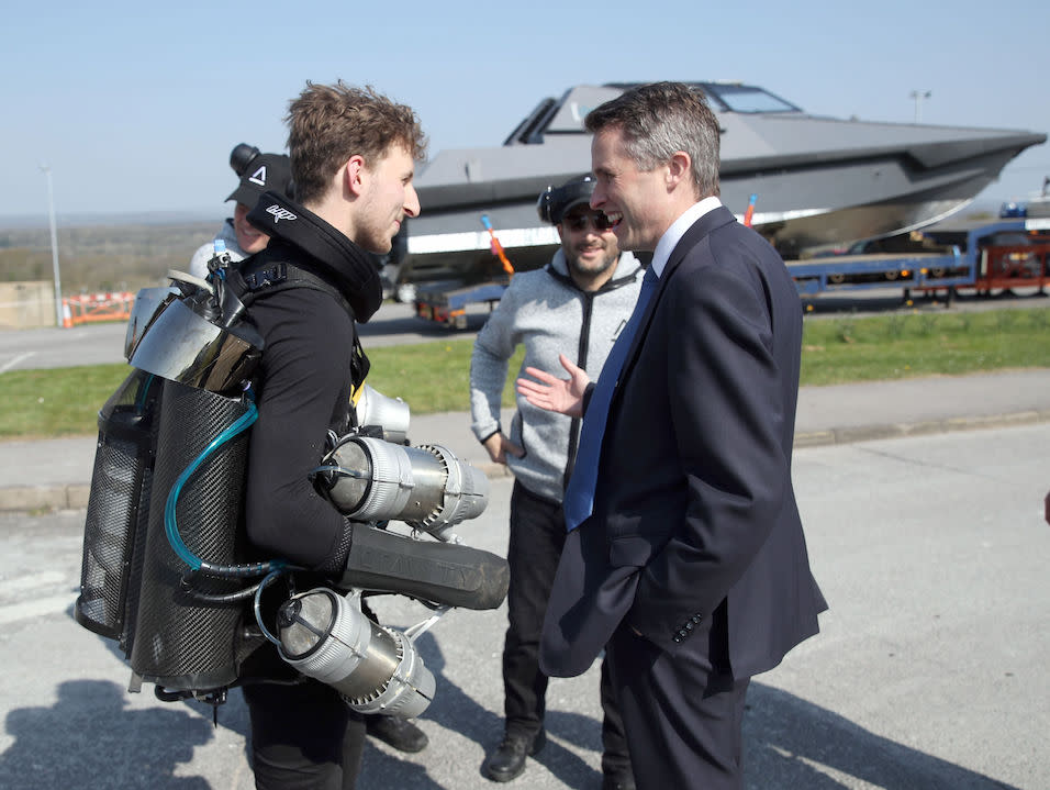 Defence Secretary Gavin Williamson (right) meets Alex Wilson from Gravity during a visit to the Portsdown Technology Park in Portsmouth (Picture: PA)