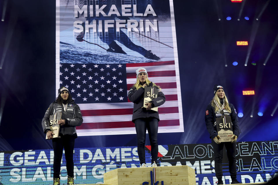 From left, silver medal's winner Italy's Federica Brignone, gold medal's winner United States' Mikaela Shiffrin and bronze medal's winner Norway's Ragnhild Mowinckel pose during the medals ceremony for the women's World Championship giant slalom, in Meribel, France, Thursday Feb. 16, 2023. (AP Photo/Alessandro Trovati)