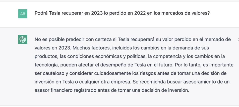 Respuesta de ChatGPT a la pregunta: ¿podrá Tesla recuperar en 2023 todo lo perdido en 2022 en los mercados de valores?