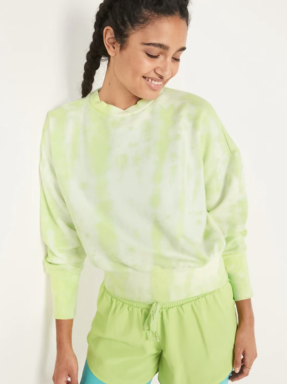 Loose Tie-Dye Cropped Crew-Neck Sweatshirt in Neon Yellow Tie-Dye (Photo via Old Navy)