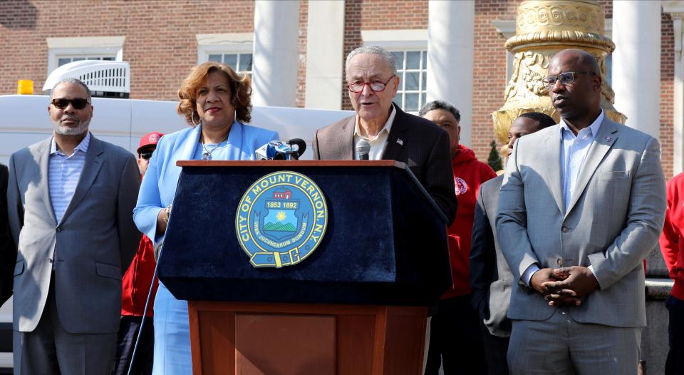 U.S. Sen. Charles Schumer along with Mount Vernon Mayor Shawyn Patterson-Howard and U.S. Rep Jamaal Bowman, announce funding plans for the City of Mount Vernon to combat its ongoing sewage and wastewater issues, during an appearance at Mount Vernon City Hall, March 18, 2022. 