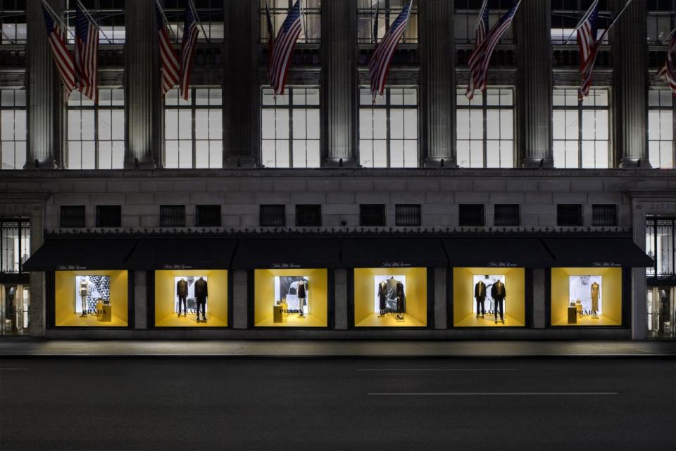 Prada has taken over the center six windows at Saks Fifth Avenue.