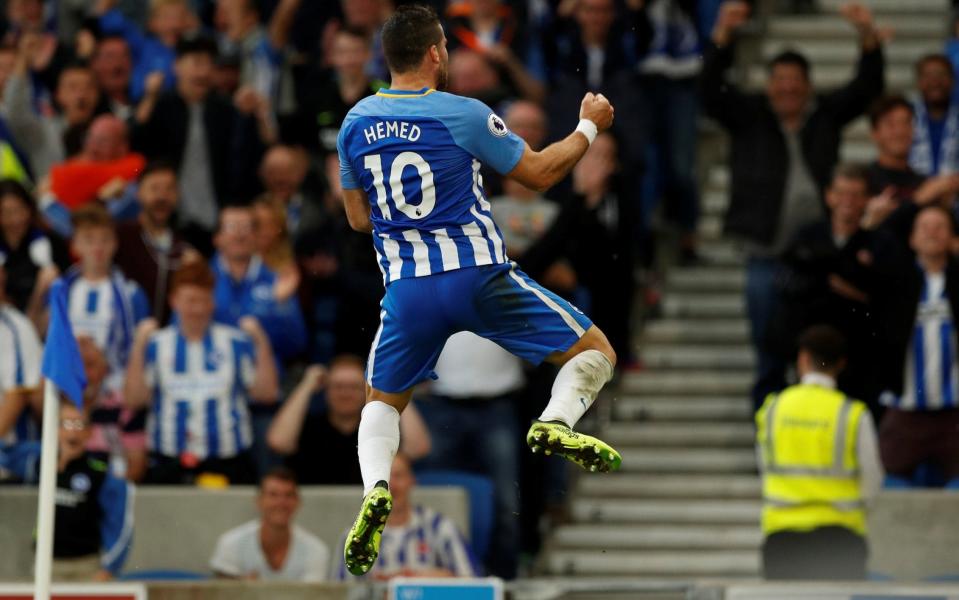 Tomer Hemed jumps for joy after scoring Brighton's third in their 3-1 win over West Brom  - Action Images via Reuters