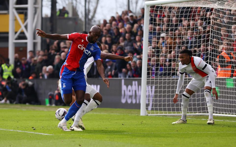 Jean-Philippe Mateta of Crystal Palace scores his team's first goal with a back-heel