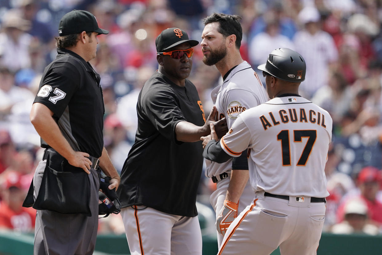 Giants first baseman Brandon Belt is among the players and managers calling out the umpires during a contentious week. (Photo by Patrick McDermott/Getty Images)
