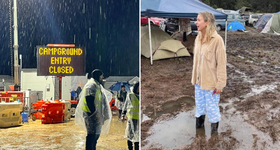 Photos show a reveller standing in the mud and a campground entry closed sign at Splendour in the Grass. 