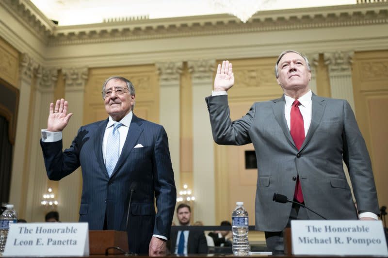 Former U.S.Secretary of Defense Leon Panetta (L) and former U.S. Secretary of State Mike Pompeo are sworn in during a House Select Committee on the Chinese Communist Party hearing at the U.S. Capitol in Washington on Tuesday. Photo by Bonnie Cash/UPI